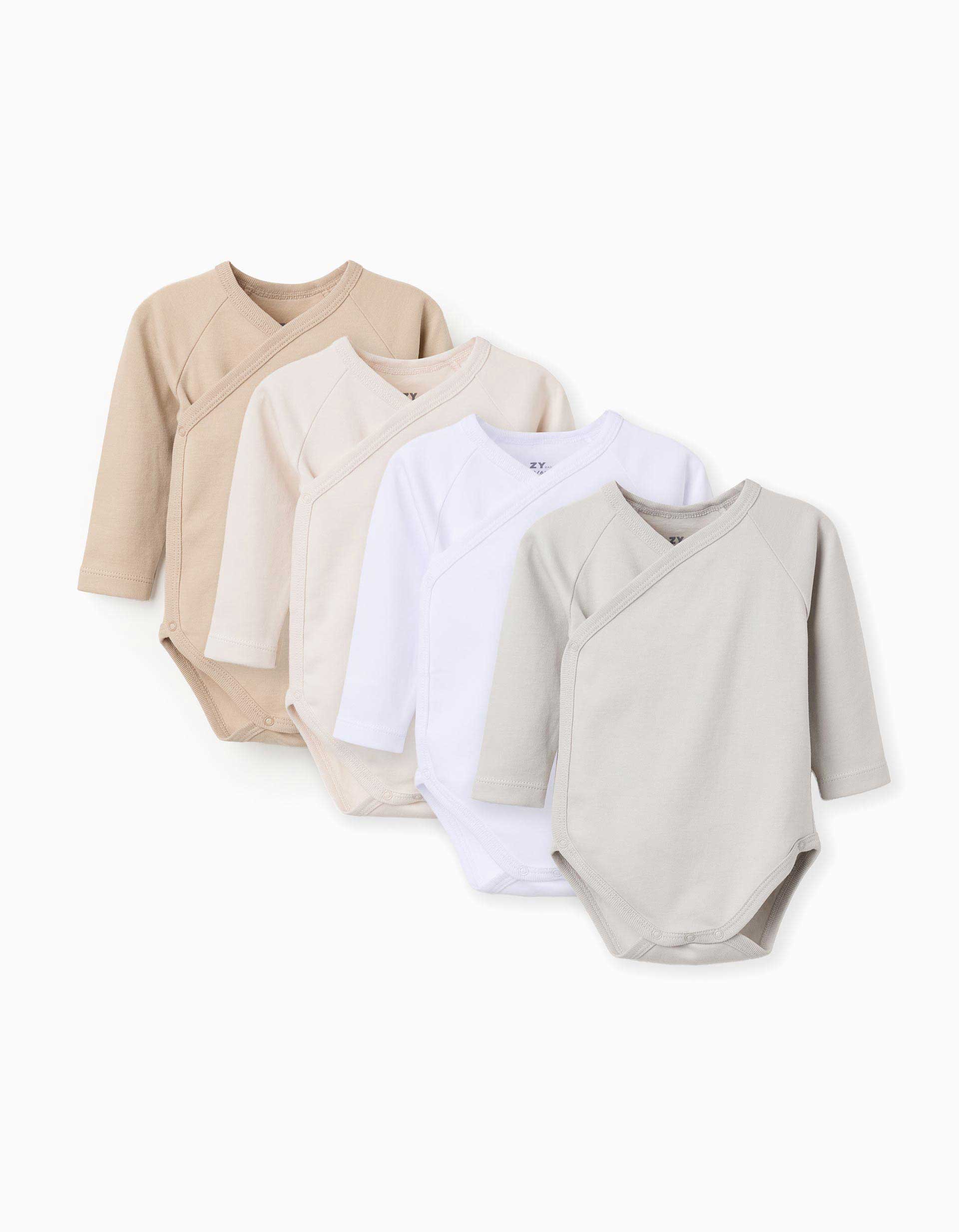 Pack of 4 brushed wrapover bodysuits for newborns, white/beige/grey