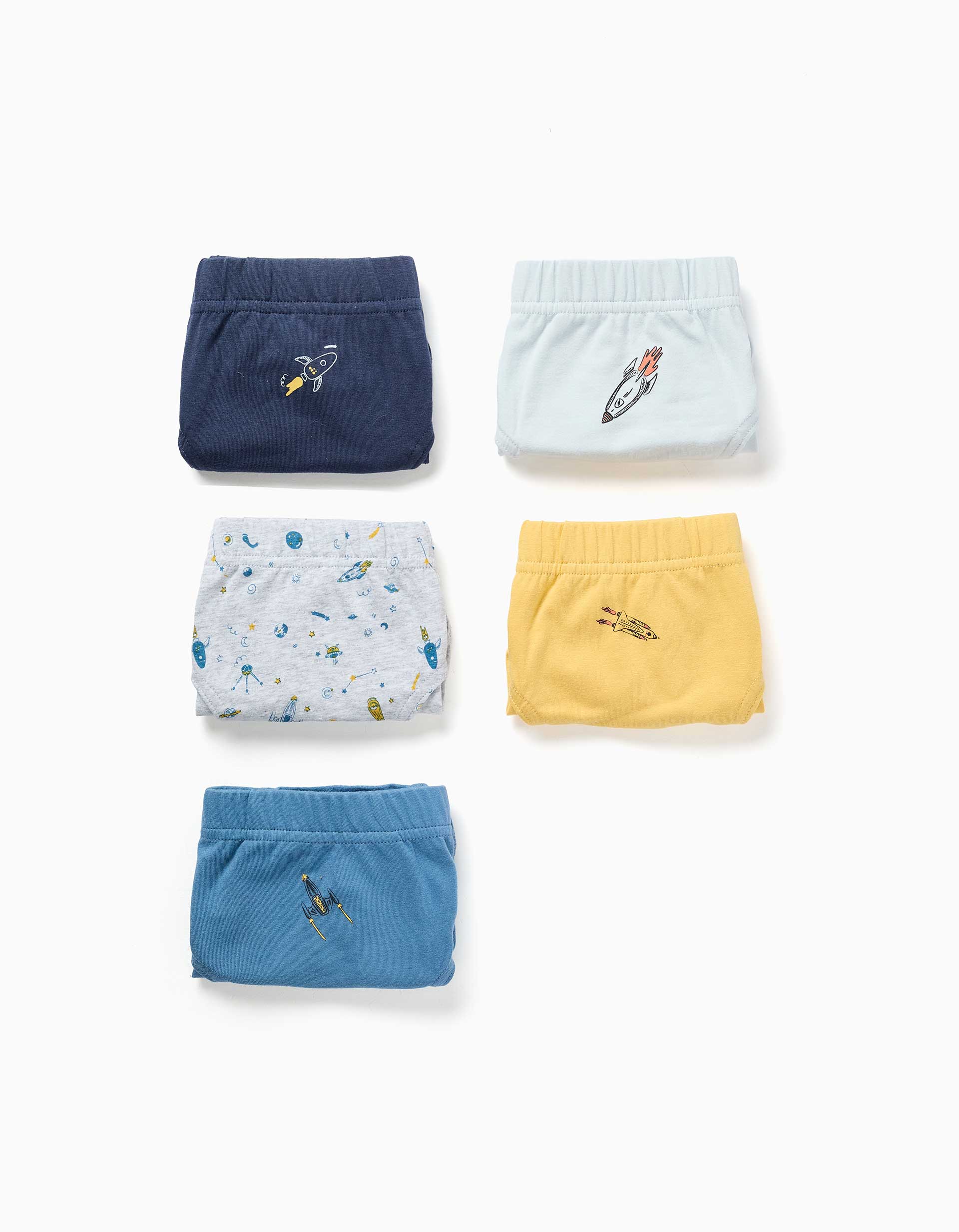 Pack de 5 cuecas de algodão com foguetões para menino, azul/amarelo/cinza