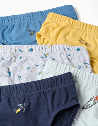 Pack de 5 cuecas de algodão com foguetões para menino, azul/amarelo/cinza