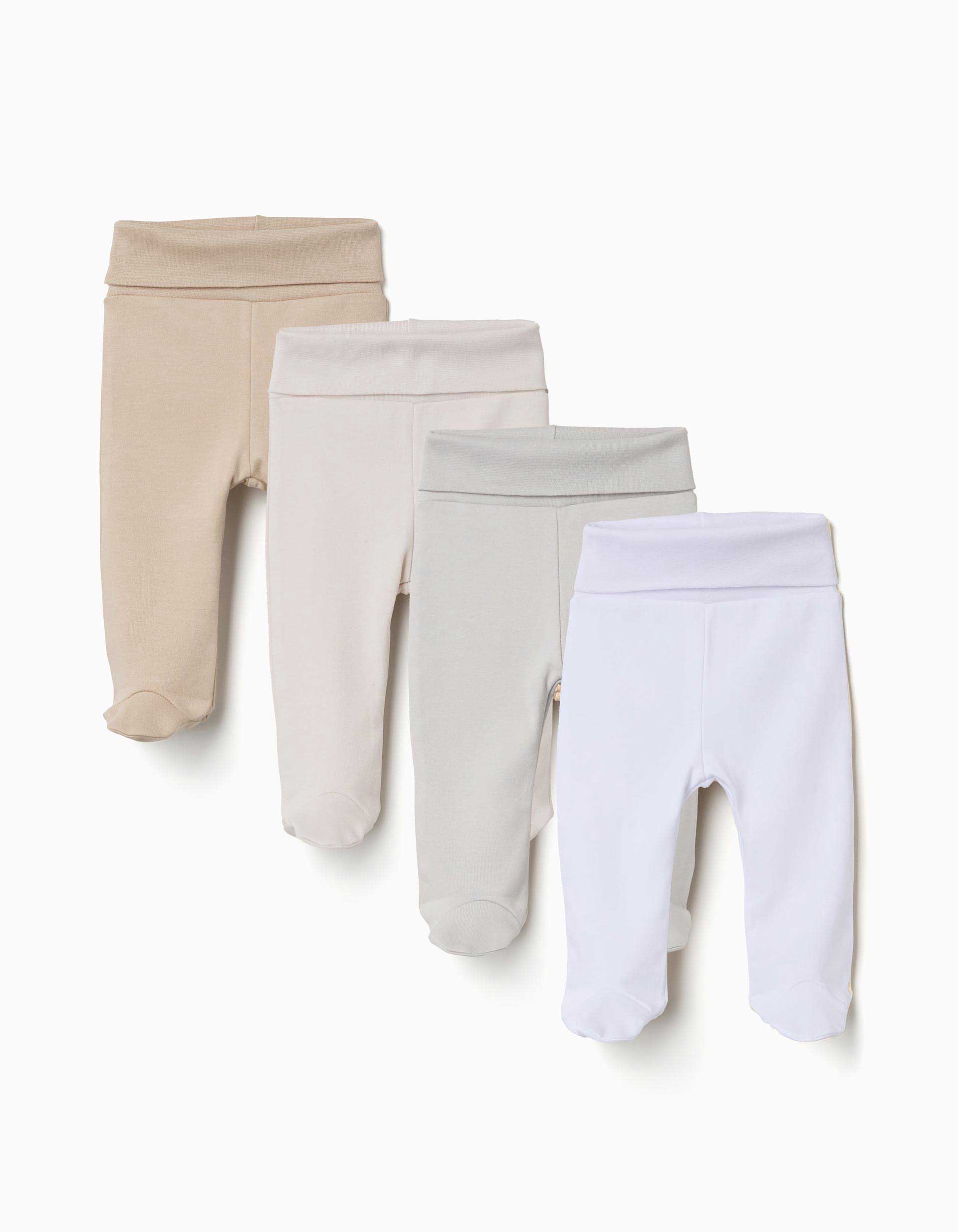 Pack de 4 calças com pés cardadas para recém-nascidos, branco/bege/cinza