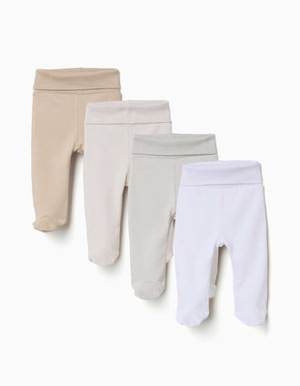 Pack de 4 calças com pés cardadas para recém-nascidos, branco/bege/cinza