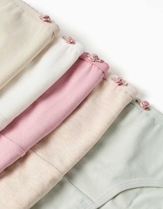 Pack 5 cuecas com rosas decorativas para menina, bege/branco/rosa/verde