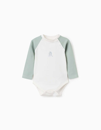 Long sleeve bodysuit with house print for newborn boys, white/green