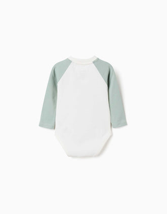 Long sleeve bodysuit with house print for newborn boys, white/green