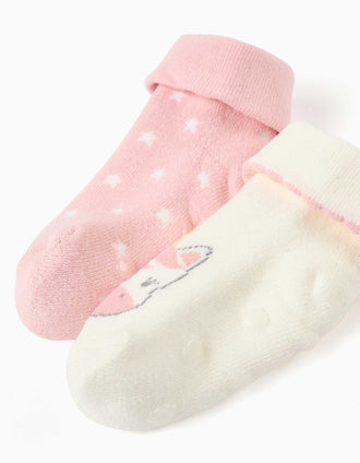 2 chaussettes antidérapantes licorne pour nouveau-née et bébé, blanc/rose