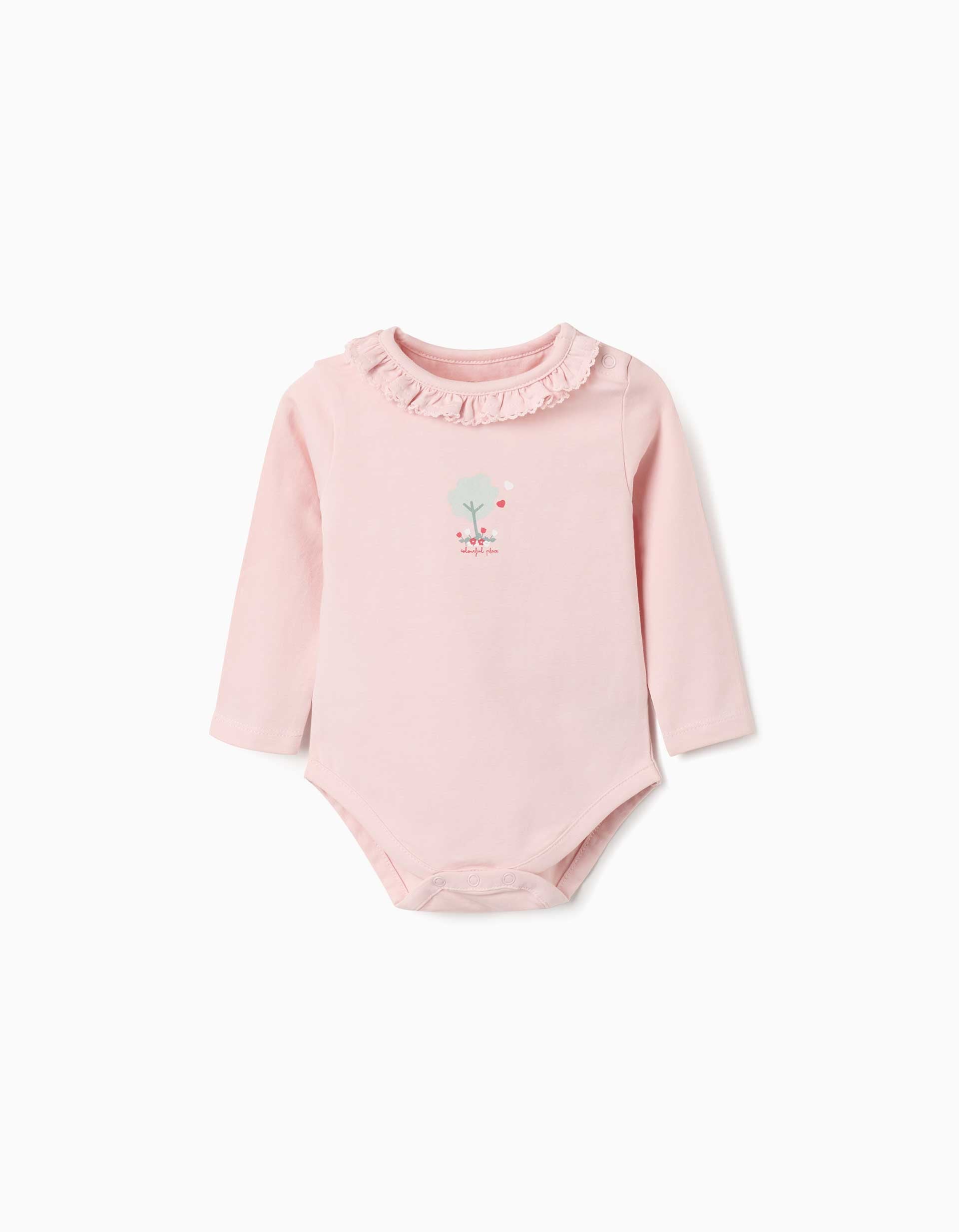 Long sleeve bodysuit with print and ruffles for newborn girls, pink