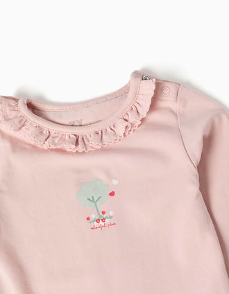 Long sleeve bodysuit with print and ruffles for newborn girls, pink