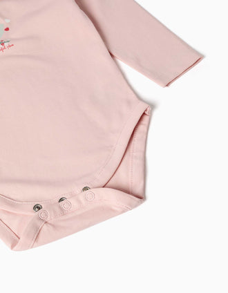 Long sleeve bodysuit with print and ruffles for newborn girls, pink
