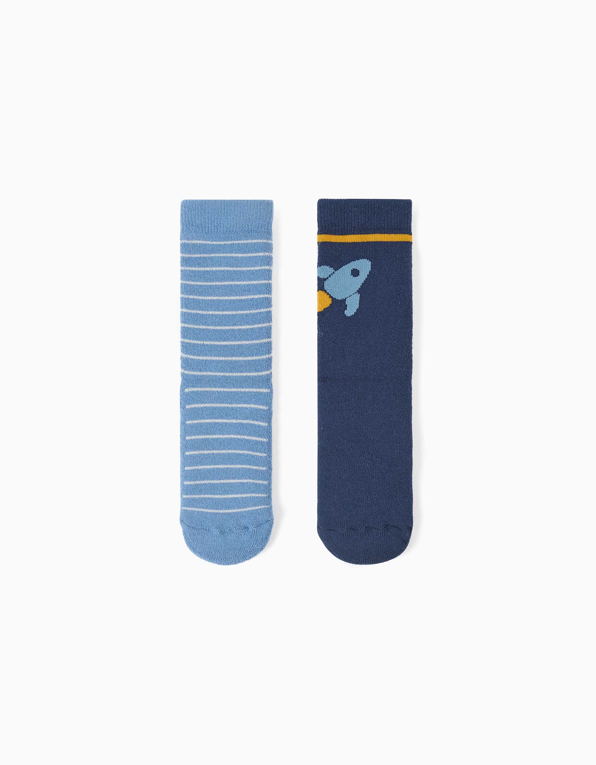 Pack de 2 meias antiderrapantes com riscas/foguetão para menino, azul