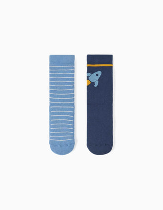 Pack de 2 meias antiderrapantes com riscas/foguetão para menino, azul