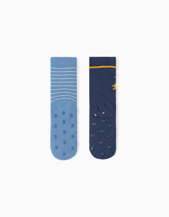 Pack de 2 meias antiderrapantes com riscas/foguetão para menino, azul