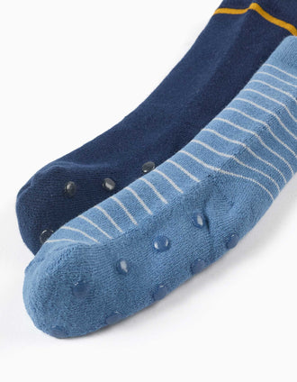 Pack de 2 meias antiderrapantes com riscas/foguetão para menino, azul