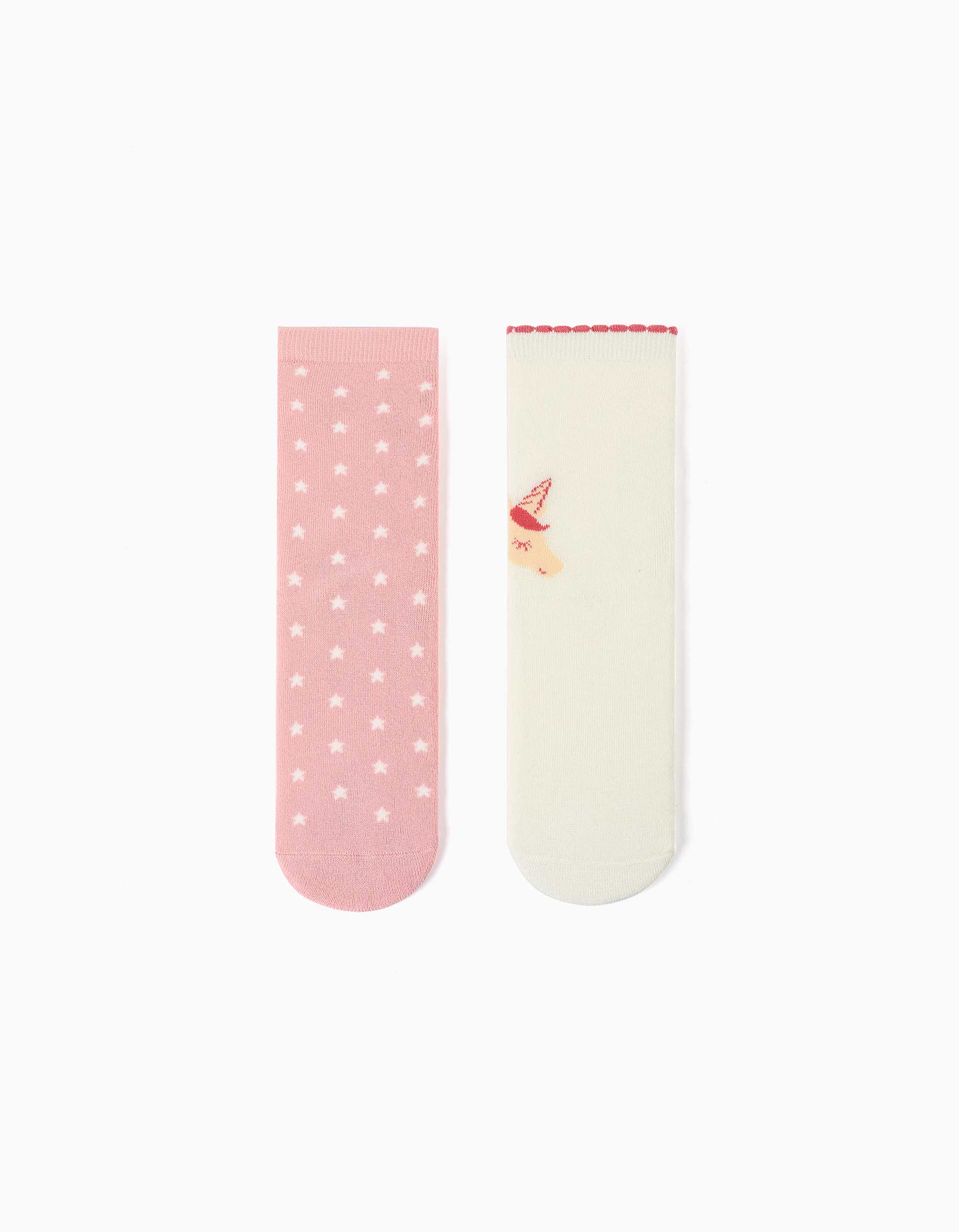 2 chaussettes antidérapantes licorne/étoiles pour fille, blanc/rose