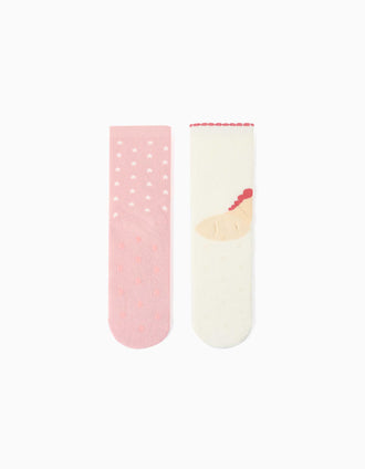 2 chaussettes antidérapantes licorne/étoiles pour fille, blanc/rose