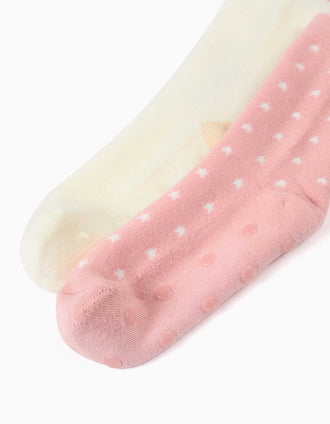 2 chaussettes antidérapantes licorne/étoiles pour fille, blanc/rose