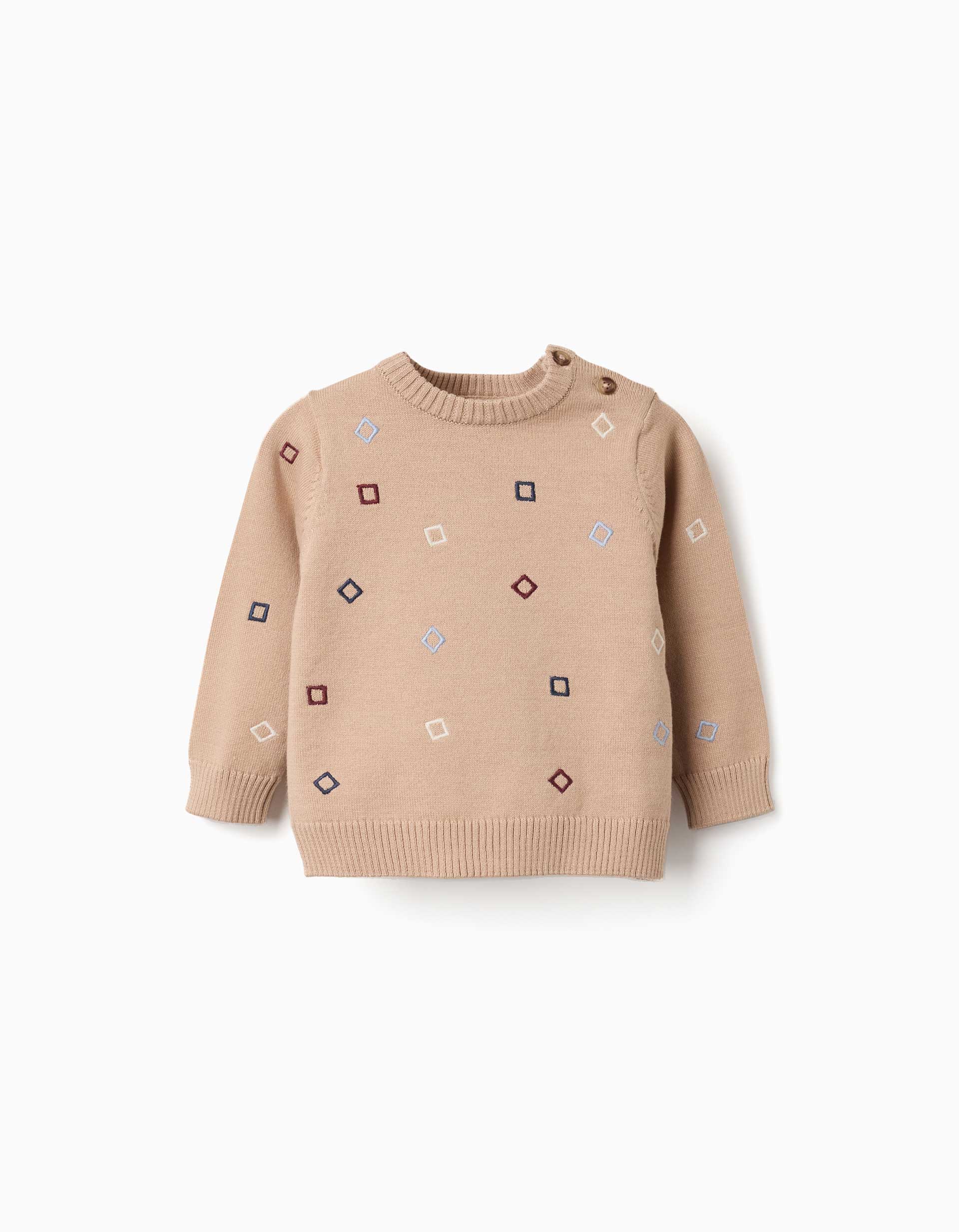 Knitted jumper with embroidered squares for newborn boys, beige