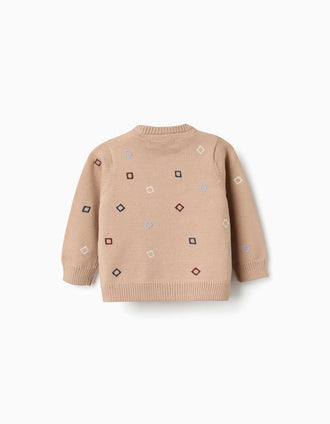 Knitted jumper with embroidered squares for newborn boys, beige