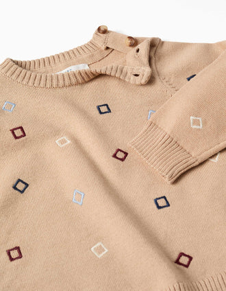 Knitted jumper with embroidered squares for newborn boys, beige