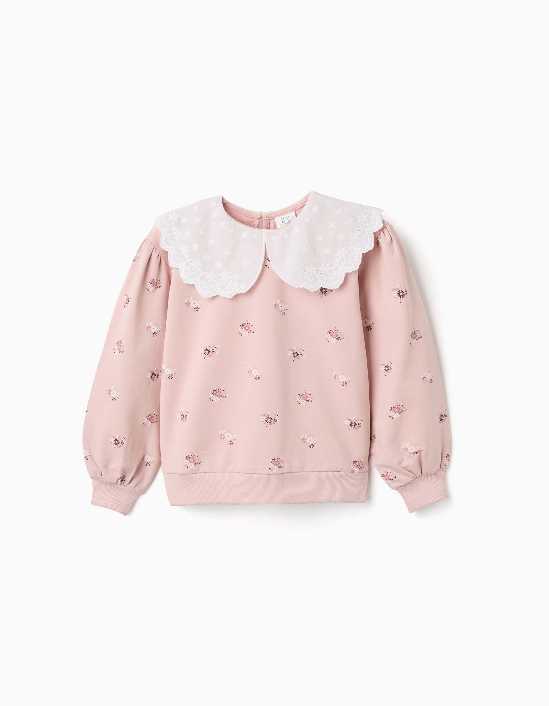 Sudadera de algodón con estampado floral y maxi cuello para niña, rosa