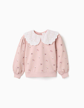 Sudadera de algodón con estampado floral y maxi cuello para niña, rosa