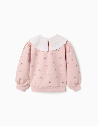 Sudadera de algodón con estampado floral y maxi cuello para niña, rosa