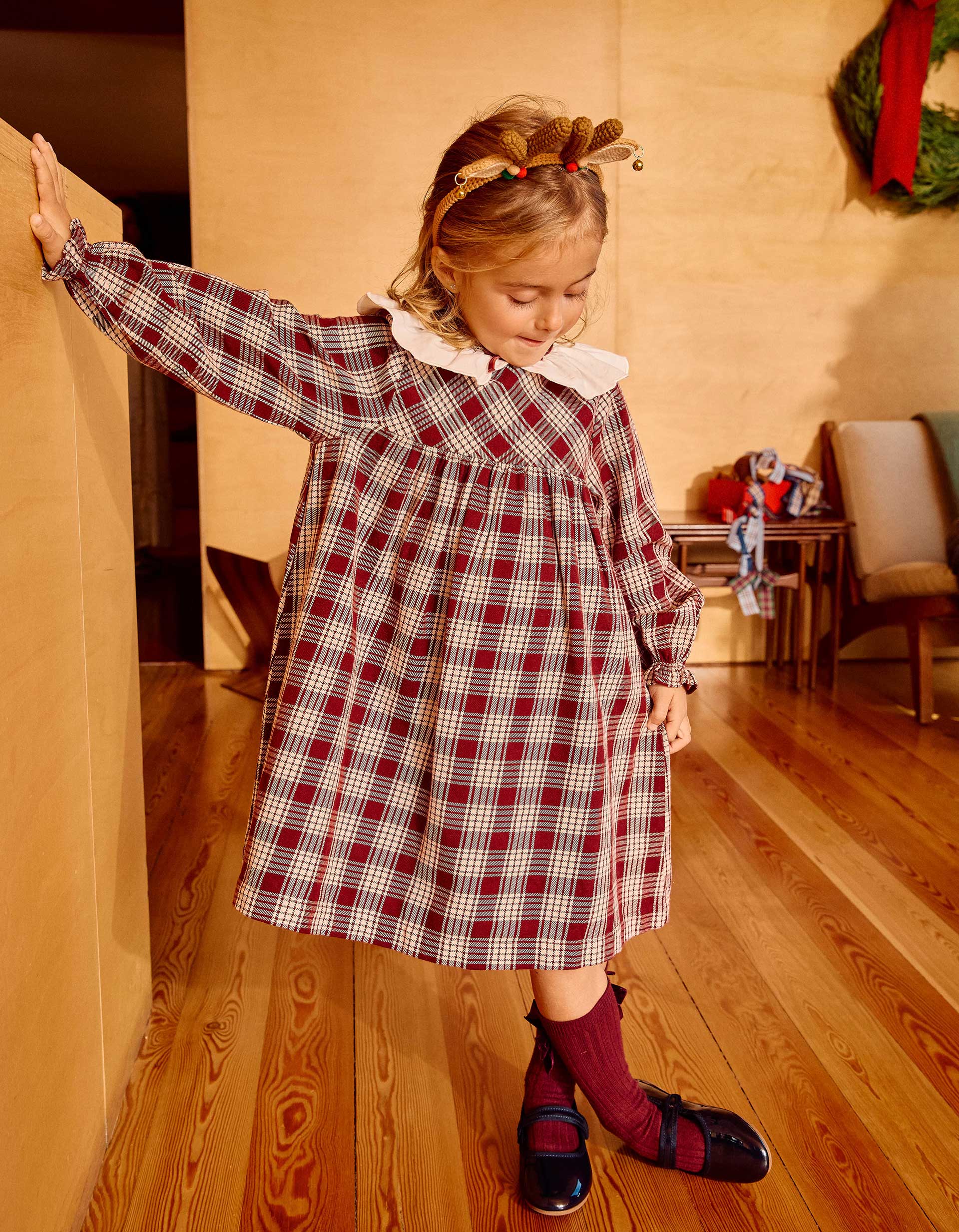 Vestido de manga comprida xadrez You&Me para menina, vermelho/bege
