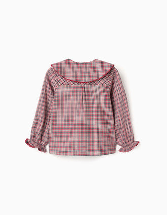Blusa de manga comprida de algodão xadrez B&S para menina, multicolor