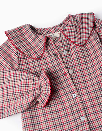 Blusa de manga comprida de algodão xadrez B&S para menina, multicolor
