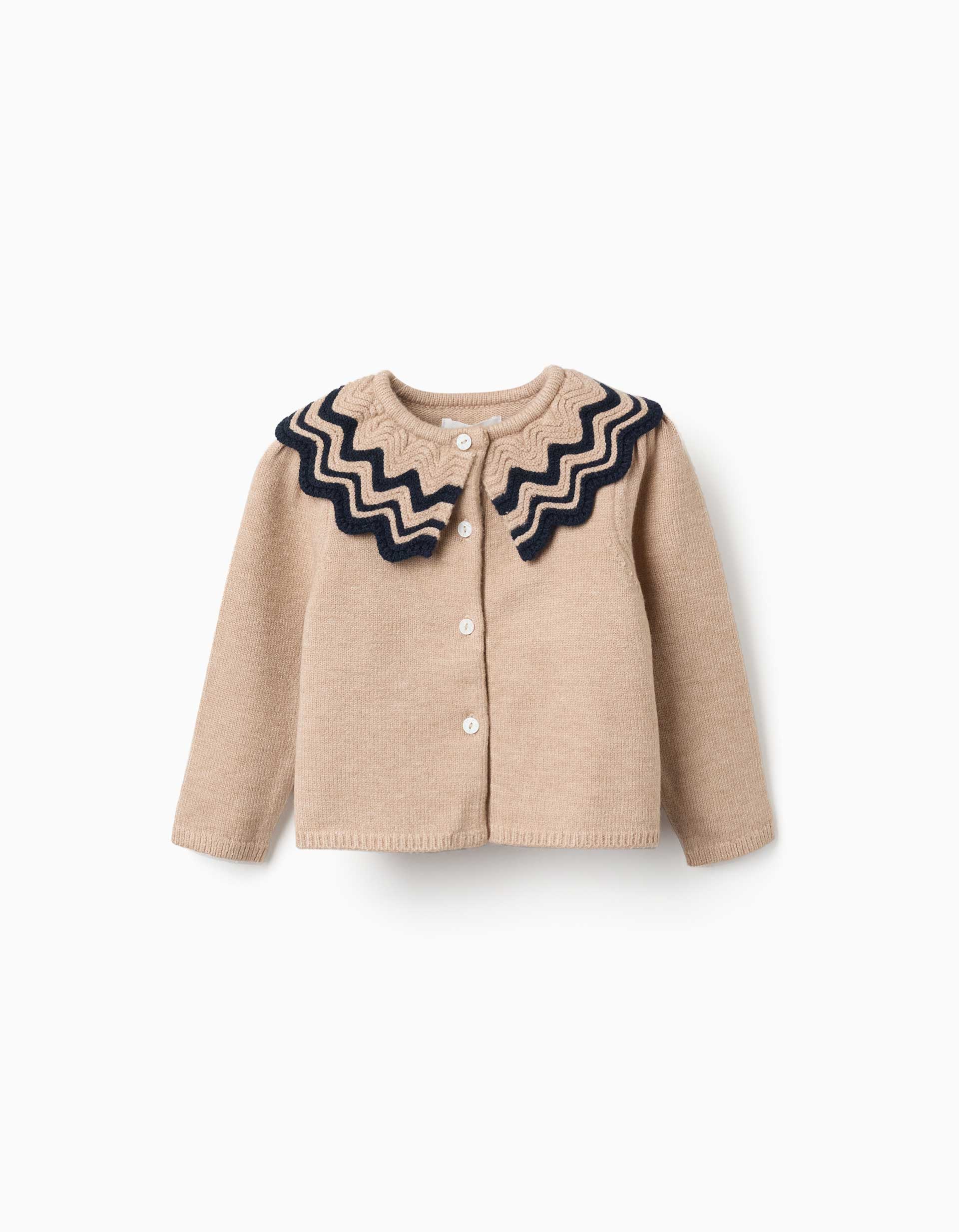 Knitted cardigan with striped collar for baby girls, beige/navy blue