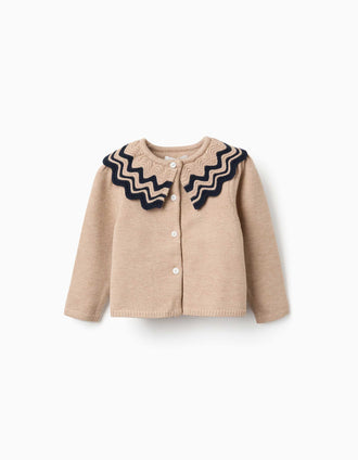 Knitted cardigan with striped collar for baby girls, beige/navy blue