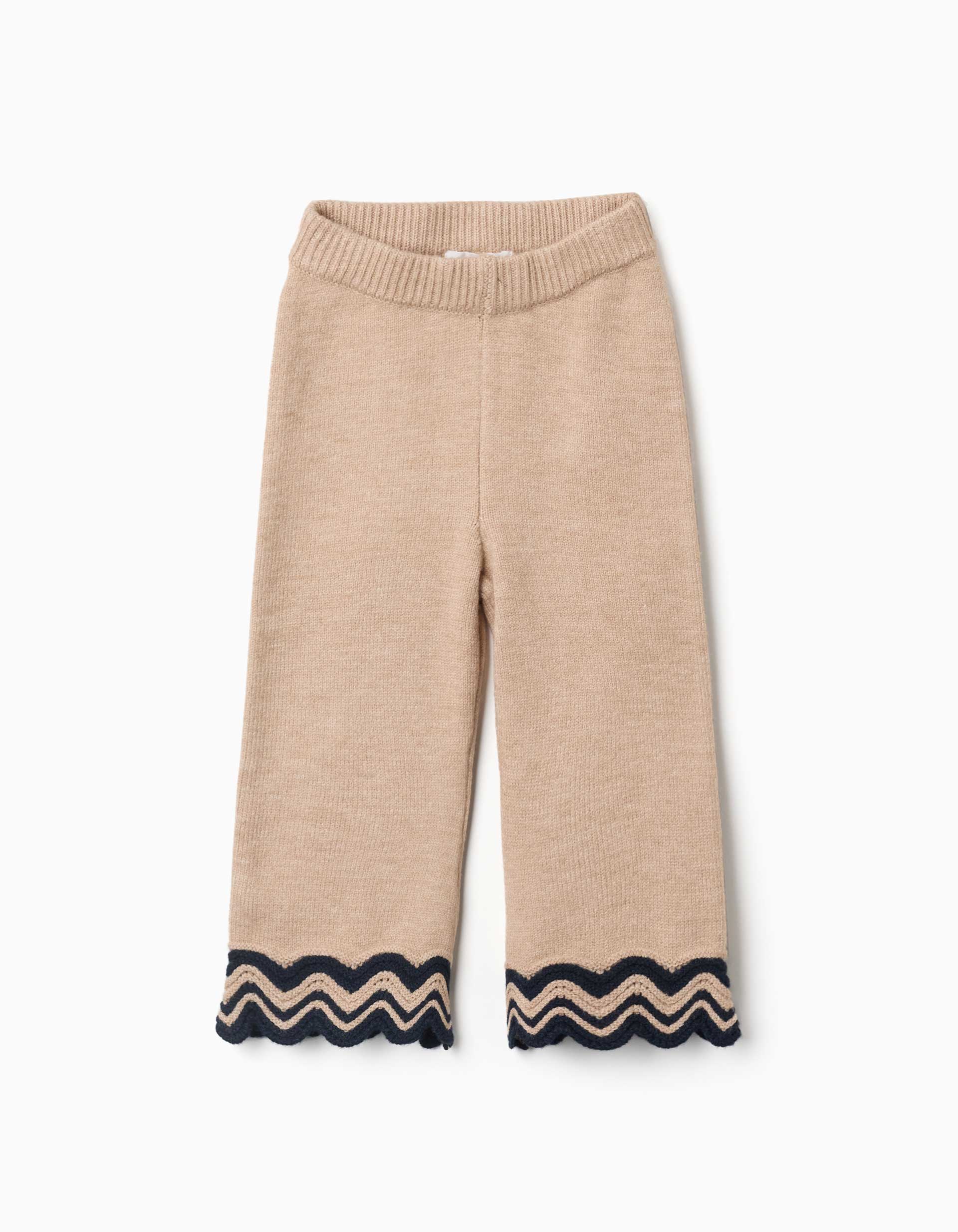 Knitted trousers with striped hem for baby girls, beige/navy blue