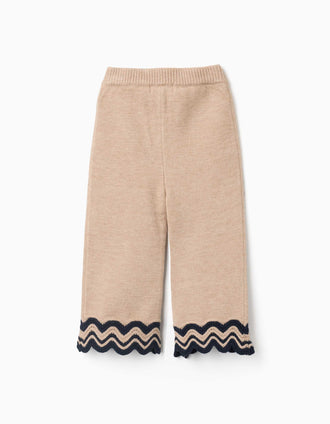 Knitted trousers with striped hem for baby girls, beige/navy blue
