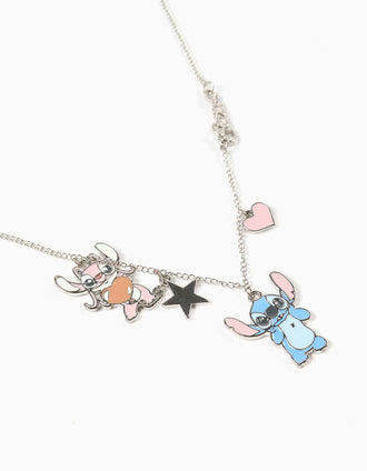 Colar com pendentes Stitch e Angel para menina, prateado