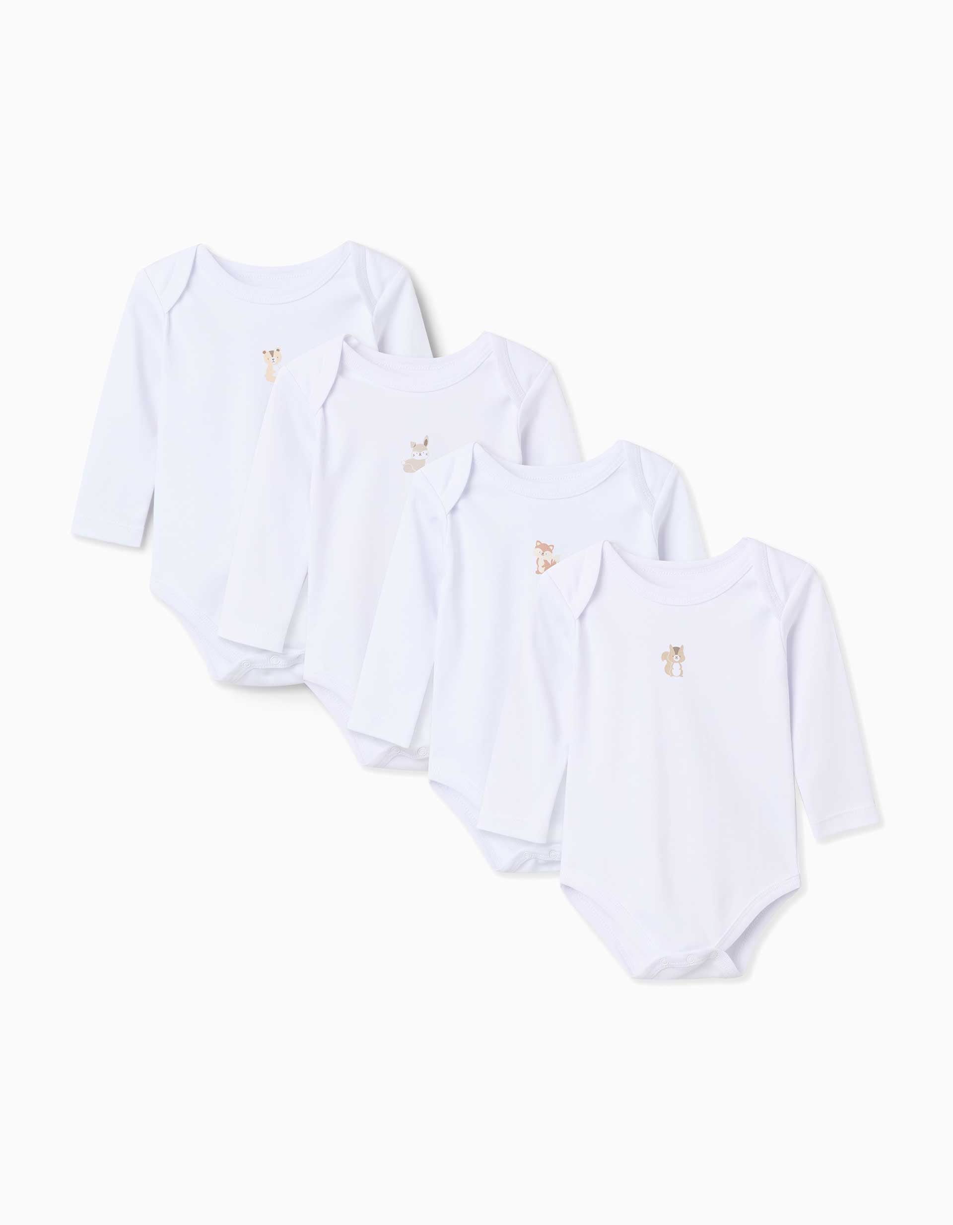 Pack of 4 long sleeve cotton bodysuits with prints for babies, white
