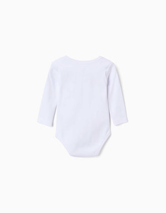 Pack of 4 long sleeve cotton bodysuits with prints for babies, white