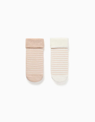 2 pares de meias antiderrapantes às riscas para bebé, branco/bege