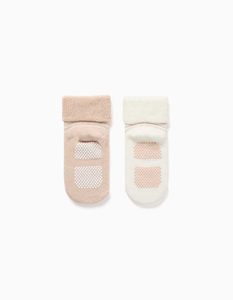 2 pares de meias antiderrapantes às riscas para bebé, branco/bege