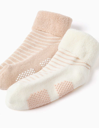 2 pares de meias antiderrapantes às riscas para bebé, branco/bege