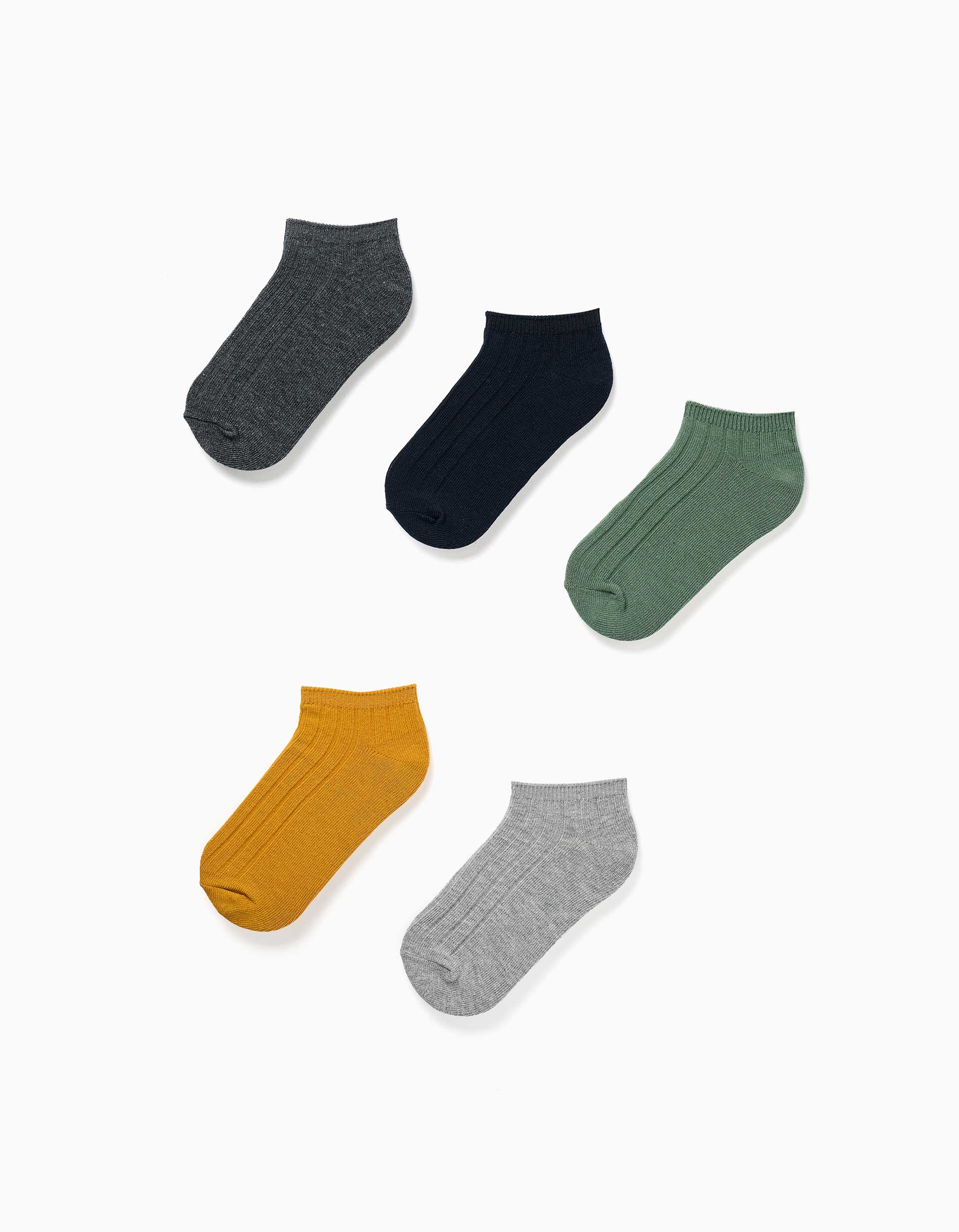 5 pares de meias curtas caneladas para menino, cinza/azul/verde/amarelo