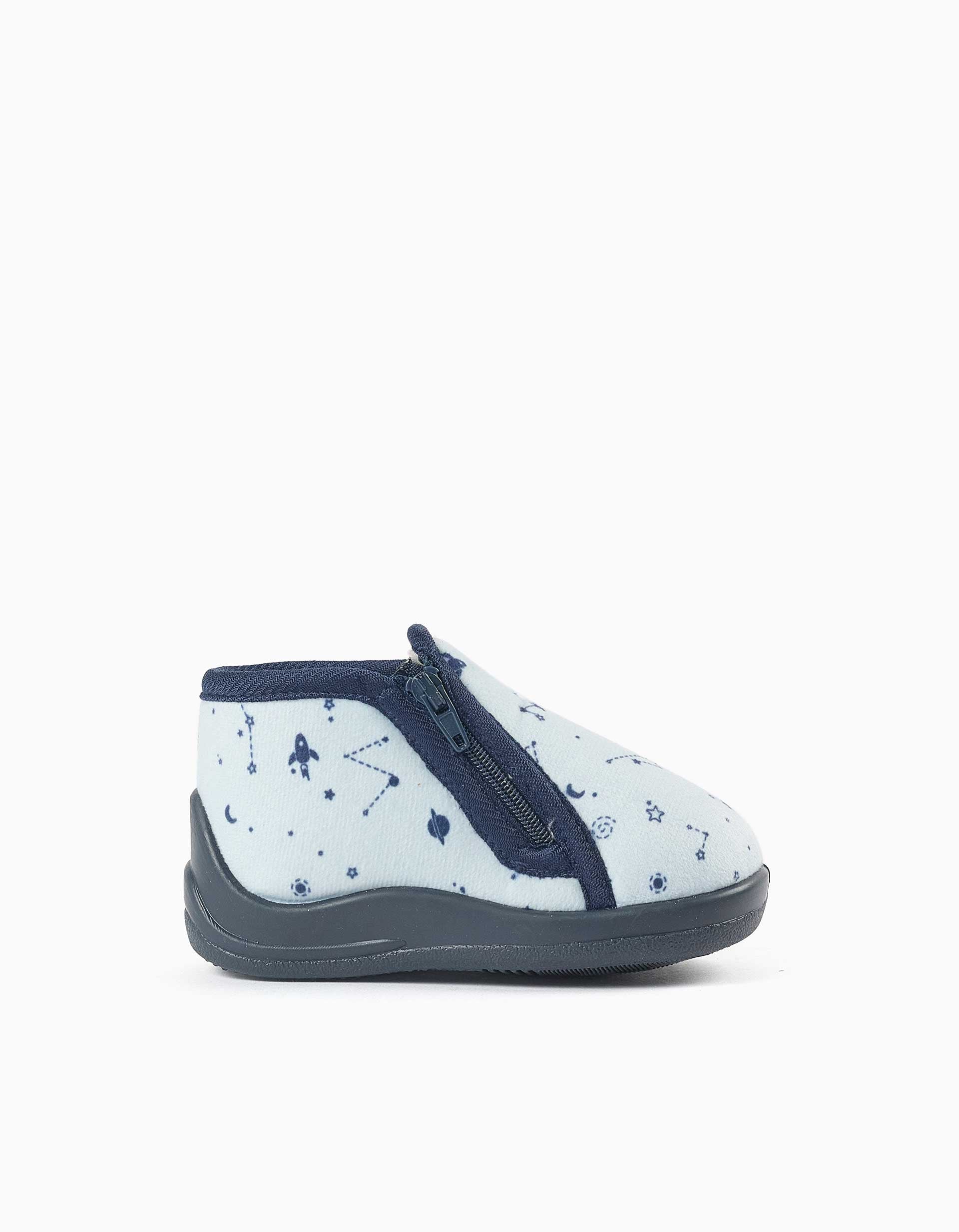 Chaussons en velours avec motif espace pour bébé garçon, bleu clair