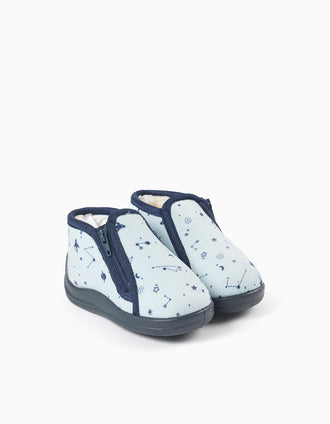 Chaussons en velours avec motif espace pour bébé garçon, bleu clair