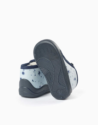 Chaussons en velours avec motif espace pour bébé garçon, bleu clair
