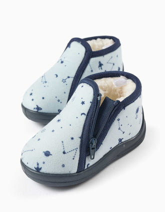 Chaussons en velours avec motif espace pour bébé garçon, bleu clair