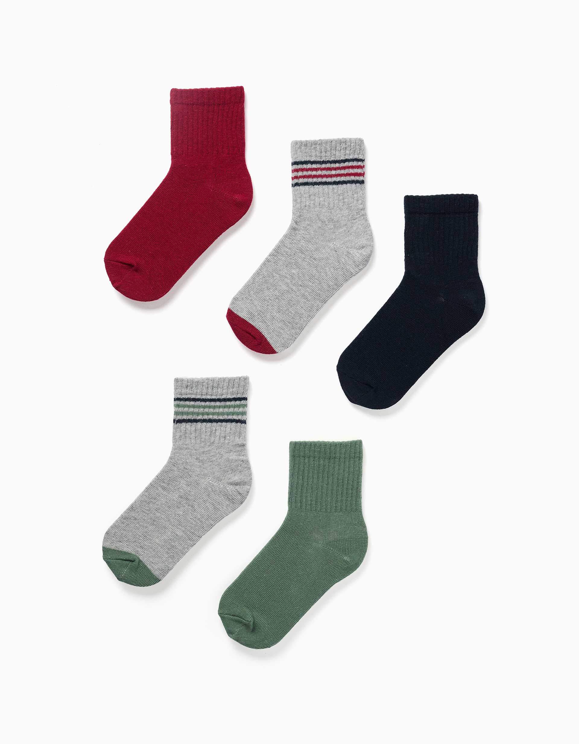 5 pares de meias lisas/às riscas para menino, vermelho/cinza/azul/verde