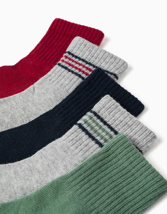 5 pares de meias lisas/às riscas para menino, vermelho/cinza/azul/verde