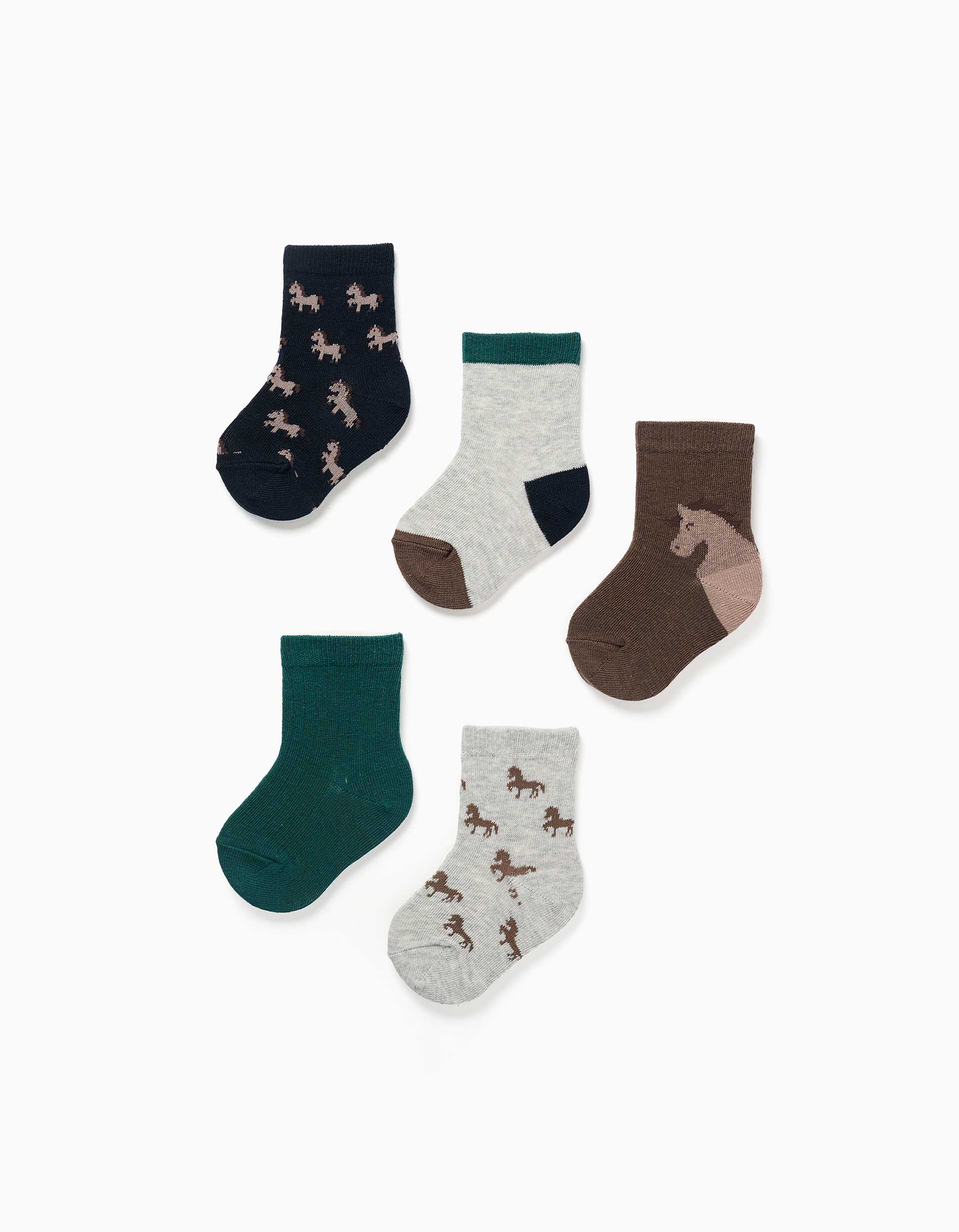 Pack of 5 pairs of socks with horses for baby boys, multicolour