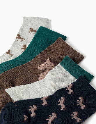 Pack of 5 pairs of socks with horses for baby boys, multicolour