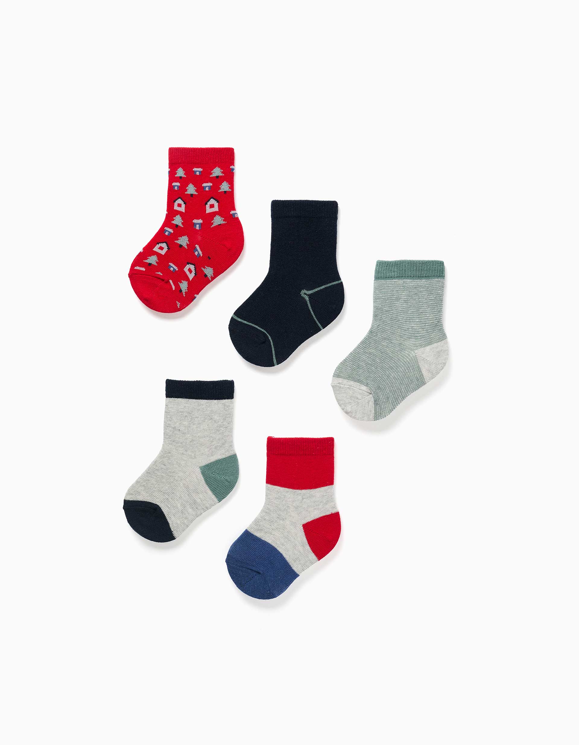 Pack of 5 pairs of fantasy socks for baby boys, green/blue/grey/red