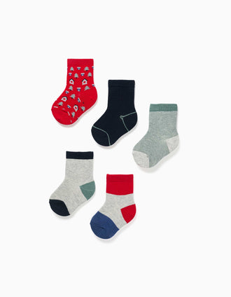 Pack of 5 pairs of fantasy socks for baby boys, green/blue/grey/red