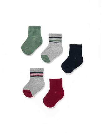 Pack of 5 pairs of plain/striped socks for baby boys, red/grey/blue/green